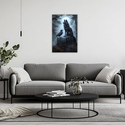 OAAPITI Wolf Raven Wall Art Gothic Nature Wildlife Canvas Print Spooky Forest Art Hallowen Decoration for Living Room Bedroom Wall Deocr