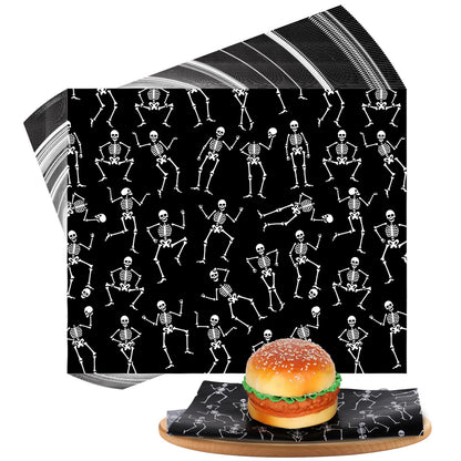 JarThenaAMCS 240Pcs Halloween Skeleton Wax Paper Sheet Black White Skeleton Deli Paper Food Wrapping Paper Waterproof Oil Proof Paper Liners for Party Picnic Kitchen Baking Supplies, 9.8 x 8.3 Inch