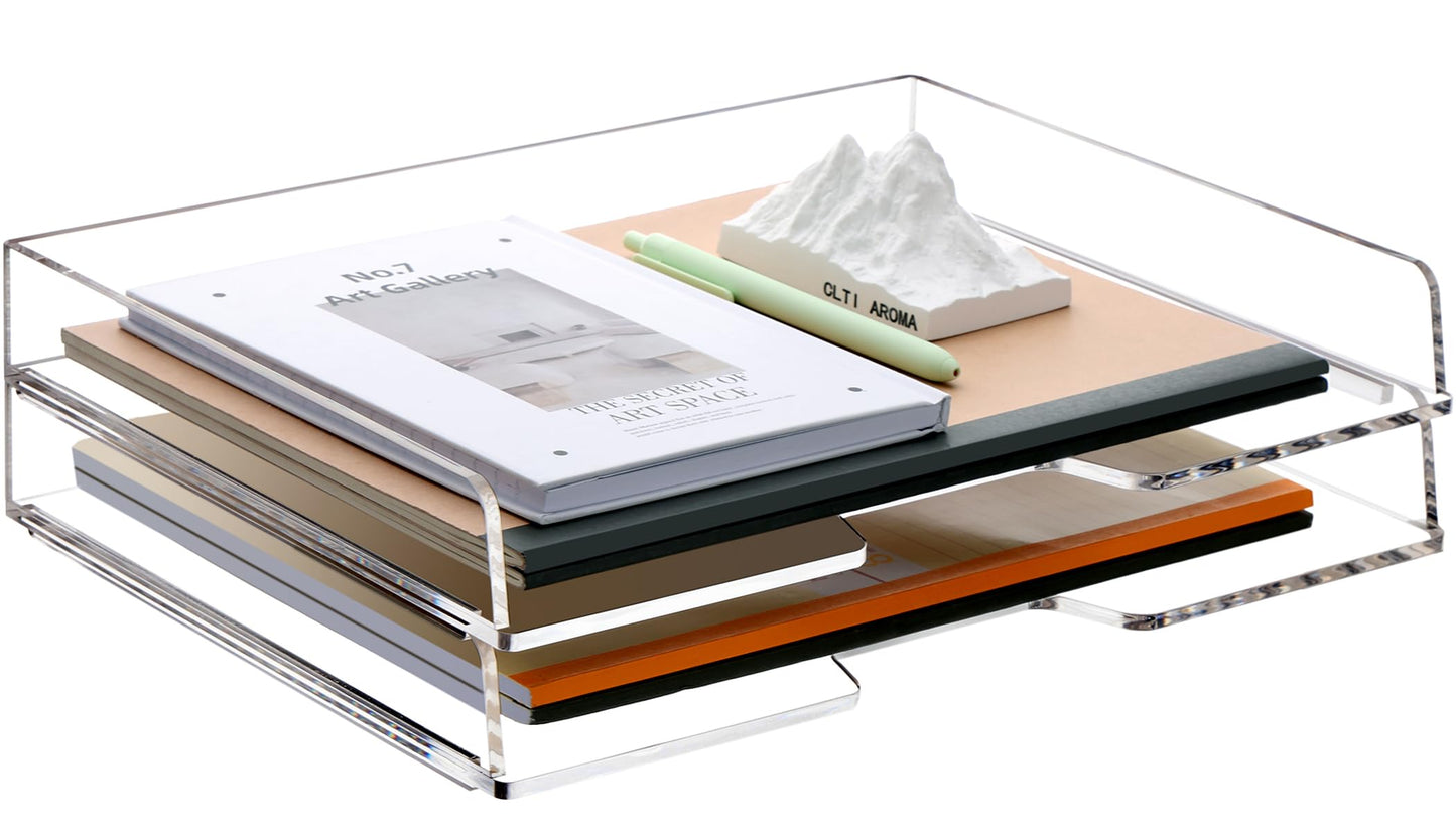 SANRUI 2-Tier Acrylic Paper Tray Organizer, Clear Stackable File Organizer for Desk, Paper Sorter Desk Organizer for Home Office Supplies