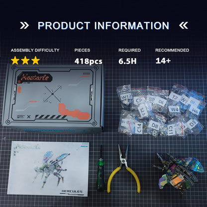 Mostarle Hercules Beetle 3D Metal Puzzle Kit for Adults, 418 PCS DIY Cyberpunk Mechanical Model with Fiber Optic Lights, Gradient Wings, Collectible Insect Building Kit Gift