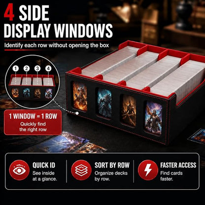3200+ High-Capacity Card Display Storage Box, 4-Row Design (Ideal for Collectors & Beginners), Heavy-Duty Archival Case for MTG/TCG/Sports Cards （Black Red）
