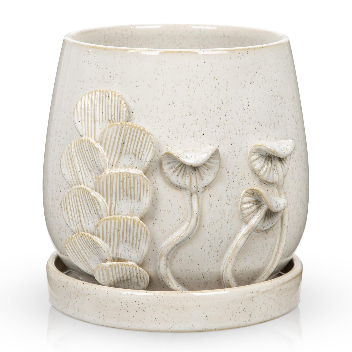 6 Inch Ceramic Plant Pot with Mushroom Gill Pattern Texture, Modern Glaze Planter with Saucer & Drainage Hole, Decorative Flower Pot for Indoor Outdoor Succulents, Herbs & Small Plants, Ivory White