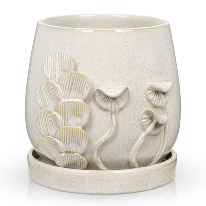 6 Inch Ceramic Plant Pot with Mushroom Gill Pattern Texture, Modern Glaze Planter with Saucer & Drainage Hole, Decorative Flower Pot for Indoor Outdoor Succulents, Herbs & Small Plants, Ivory White