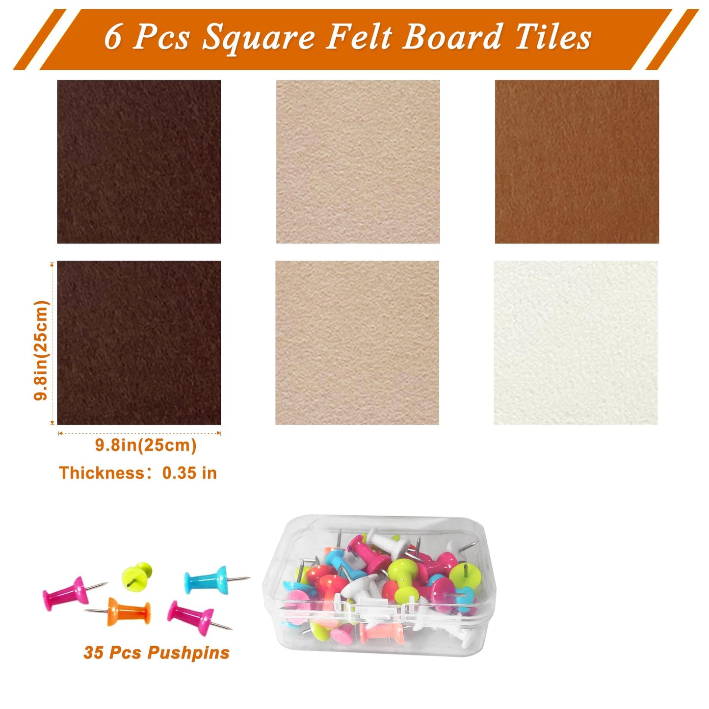 HULAVO Square Felt Cork Bulletin Board Tiles, Self Adhesive DIY Felt Pin Board for Wall 30" x 20" with 35 Pushpins for Office School Home Wall Decor Stickers Memos Photos Display (Gradual Brown)