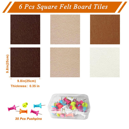 HULAVO Square Felt Cork Bulletin Board Tiles, Self Adhesive DIY Felt Pin Board for Wall 30" x 20" with 35 Pushpins for Office School Home Wall Decor Stickers Memos Photos Display (Gradual Brown)