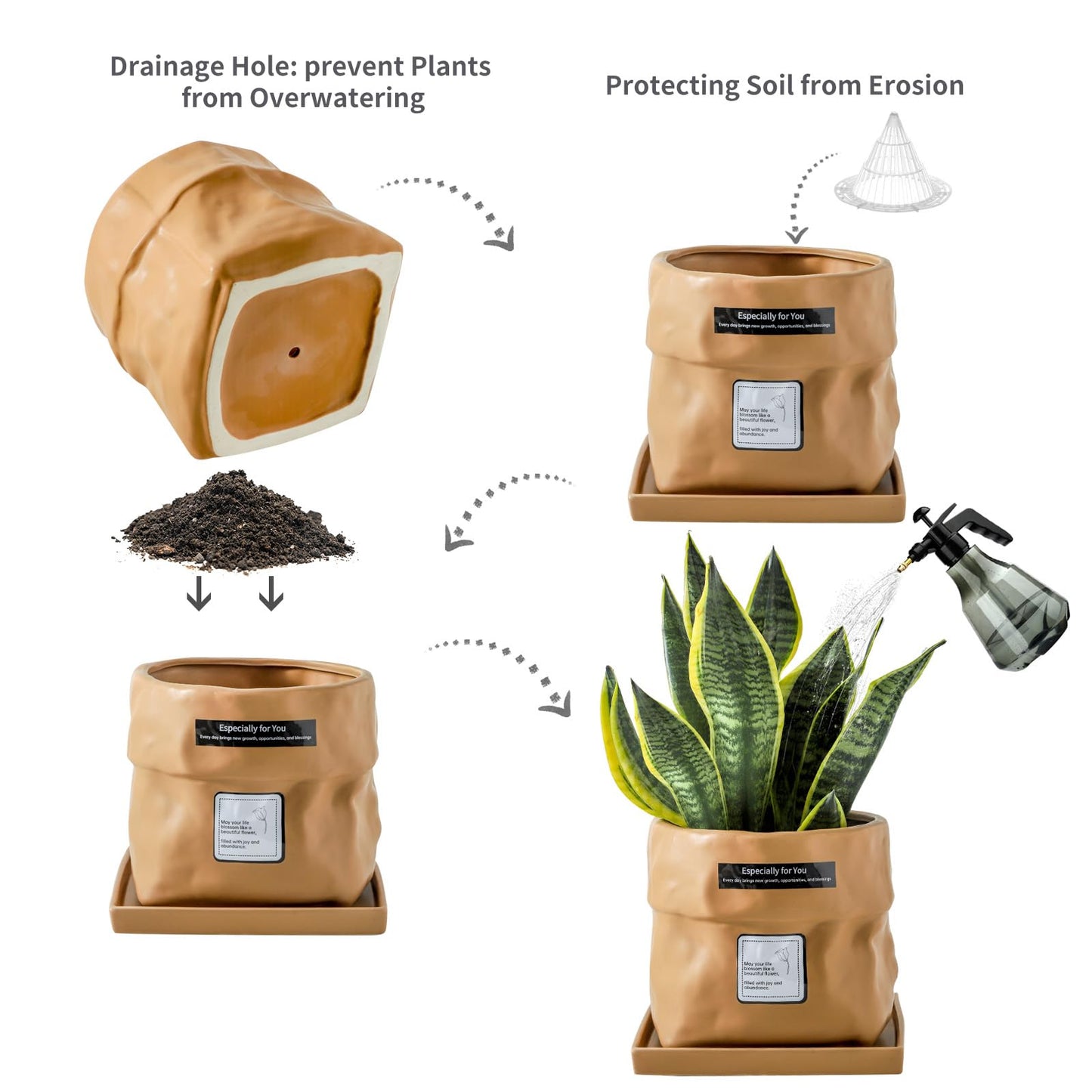 Nihow Ceramic Plant Pot: 6 Inch Planter with Drainage Hole & Square Saucer for Herbs/Plants, Bag Shape Design Flower Pot for Indoor & Outdoor Garden Decor - Terracota