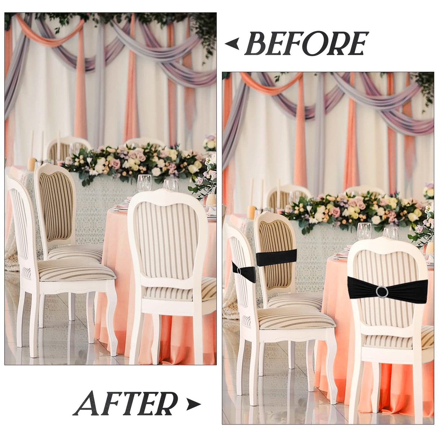 Tudomro 80 Pcs Spandex Chair Sashes, Stretch Ties Bows with Buckle Slider Elastic Bows Chair Cover Bands for Wedding Party Universal Reception Ceremony Banquet Decoration(Black)