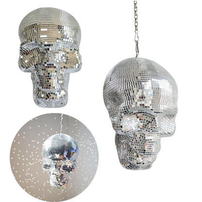 Disco Ball Skull Head, Holiday Hanging Skeleton Decor, 6x6x8inch Handmade Sculpture Shiny, Disco Skeleton Head, Skull Model, Unique Reflective, Party, Home, Silver