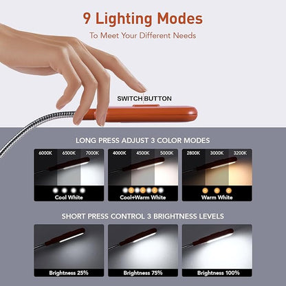 VAVOFO Rechargeable Book Light for Reading in Bed Kids, 7 LED Reading Light with 9-Level Warm Cool White Daylight, Eye Care Lamp with Power Indicator for Bookworms (Mocha Brown)