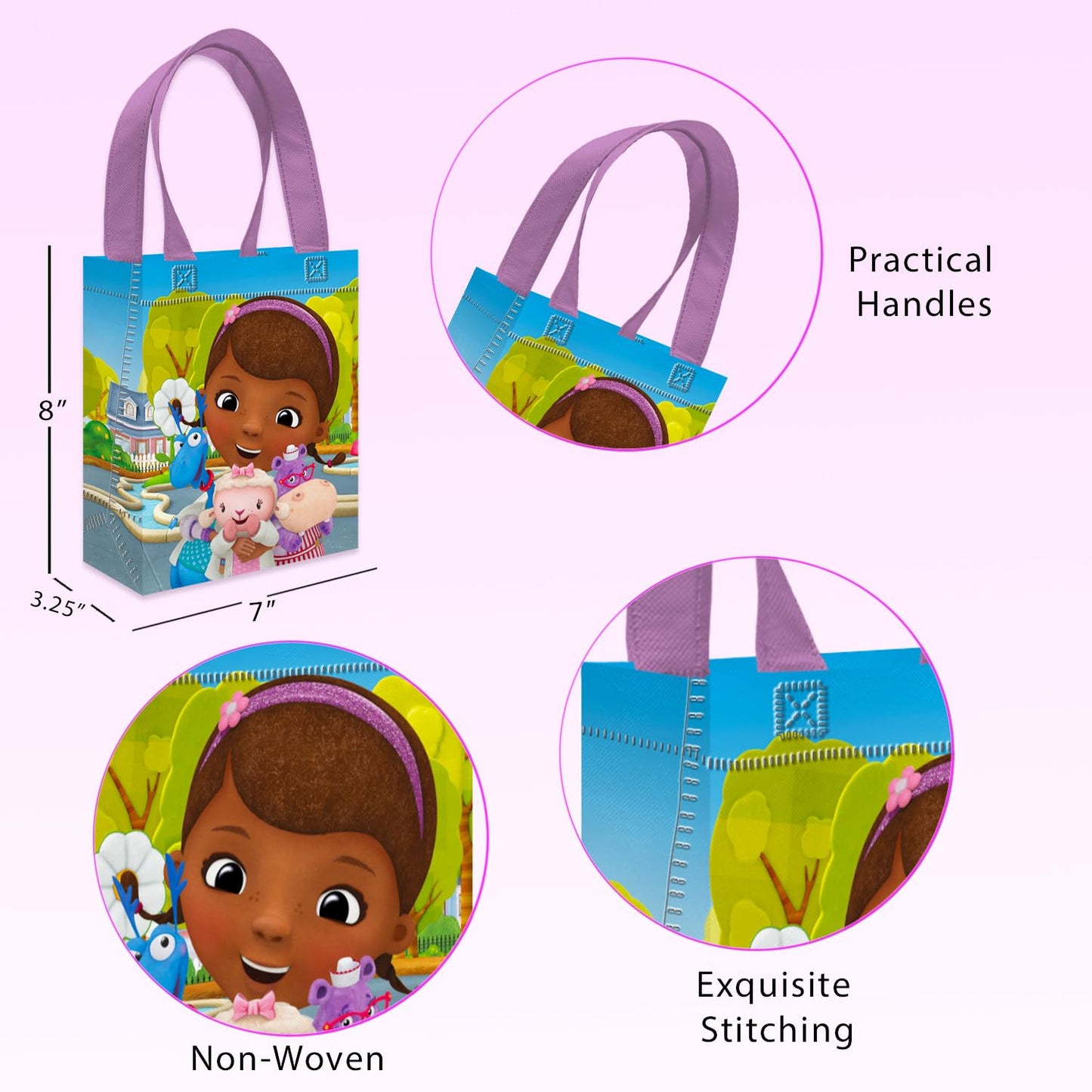 Doc McStuffins Party Favor Bags Set – 12 Pack 8" Disney Goodie Bags for Kids Bulk Reusable Mini Totes | Disney Doc McStuffins Birthday Party Supplies