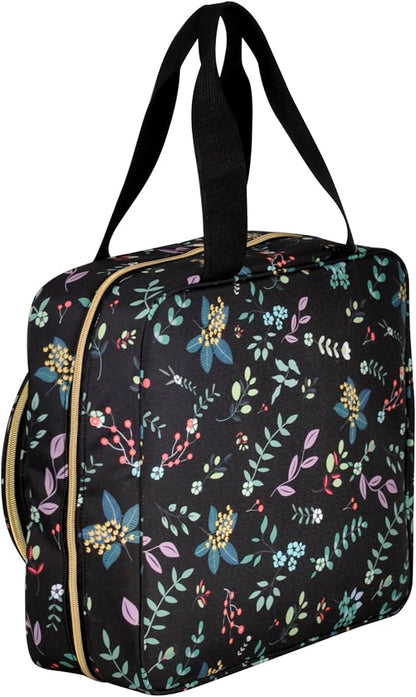 Portable Square Cross Stitch Starter Kits Bag Embroidery Project Bag Embroidery Tool Storage Tote Bag with Multifunctional Pockets, Bag Only (Black Leaves)