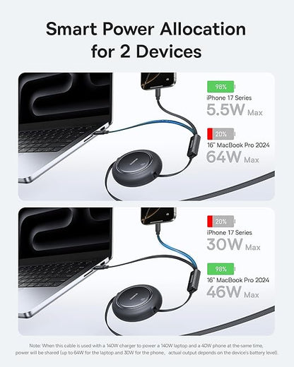 Baseus Retractable USB C Cable, 100W 2 in 1 USBC to USBC Multi Fast Charging Cable, 5 Length Presets, 4ft 5A Type C Charger Cord for iPhone 17 Pro/Plus/Max, Galaxy S24/S23, iPad Pro, Tablet