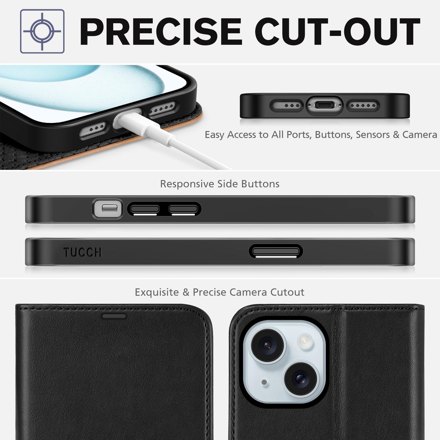 TUCCH Wallet Case for iPhone 15 5G, [RFID Blocking] 4 Card Slot Holder Kickstand [Shockproof TPU Interior Case], PU Leather Magnetic Flip Cover Compatible with iPhone 15 6.1" 2023, Black & Brown