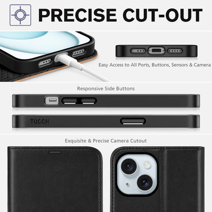TUCCH Wallet Case for iPhone 15 5G, [RFID Blocking] 4 Card Slot Holder Kickstand [Shockproof TPU Interior Case], PU Leather Magnetic Flip Cover Compatible with iPhone 15 6.1" 2023, Black & Brown