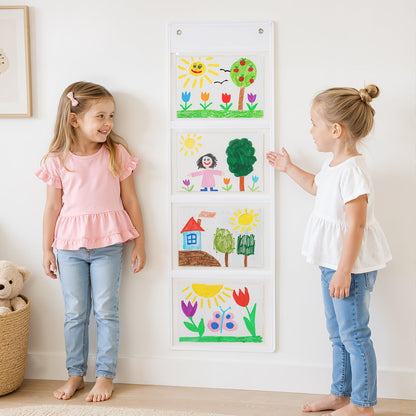 Watersay 2 Pcs Storage Pocket Chart for Classroom 37.4 x 13 in, 4 Pockets Hanging Wall File Organizer for Cards, Drawing, Pictures, Class Demonstrations, Homework, Teacher Office Organization (White)