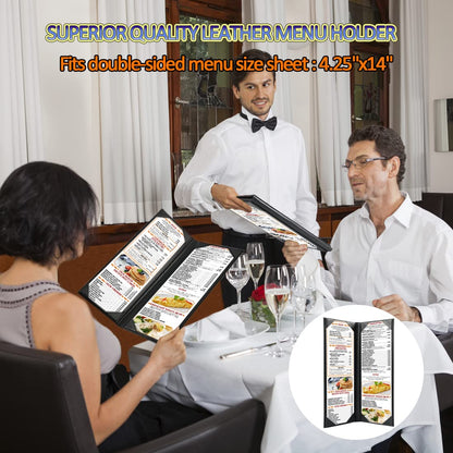 4.25 x 14 inches Leather Menu Covers with Strong Wood Insde, 2 Views Leather Menu Holder Book Style Double Fold Panel for Restaurant Coffee Bars Hotels (4.25" x 14 "/ Two Views /3packs)