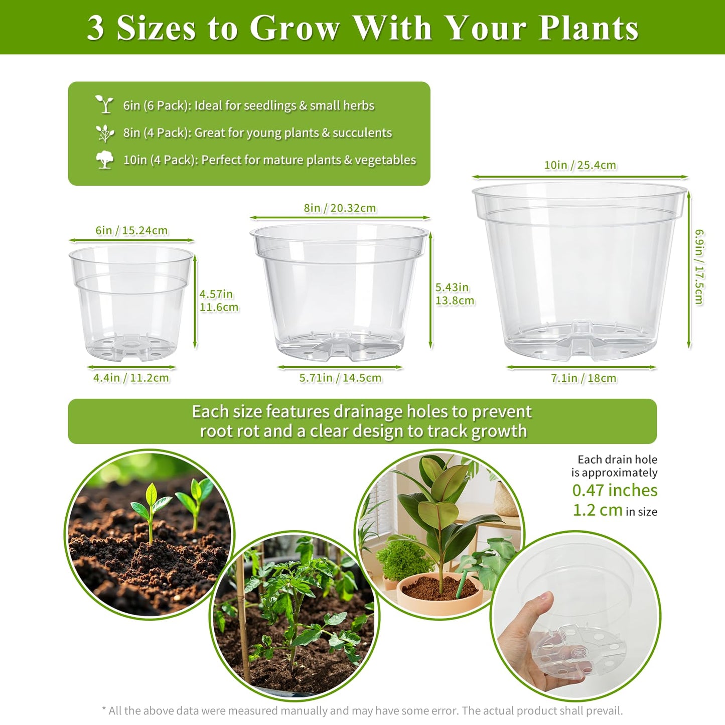 Gute 6/8/10 Inch Clear Nursery Pots with Drainage Holes (14 Pack), Reusable Plastic Plant Pots for Indoor & Outdoor Gardening, Ideal for Seedlings, Succulents, Vegetables, Orchids & More