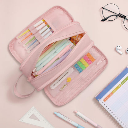 SUNEE Large Capacity Pencil Case with 3 Compartment, Extra Big Pencil Pouch, Pencil Bag with Zipper, Cute High Stationery Organizer, Oxford Pen Box School Supplies for Student Teen Girls Boys, Pink