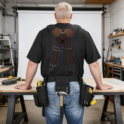 UMYLOV Tool Belt Suspenders for Men, Adjustable Padded Carpenter Tool Belt with Magnetic WristBand Multifunctional Pouch Pocket for Construction Workers (Brown)