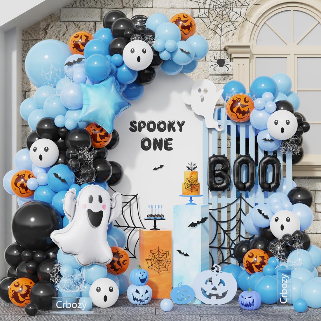 A Little Boo Is Almost Due Balloon Arch Kit, Black Blue Orange Latex Balloons with Boo and Ghost Foil Balloons, 152 Pcs for A Little Boo Is Almost Due Baby Shower Halloween Birthday Party Decorations