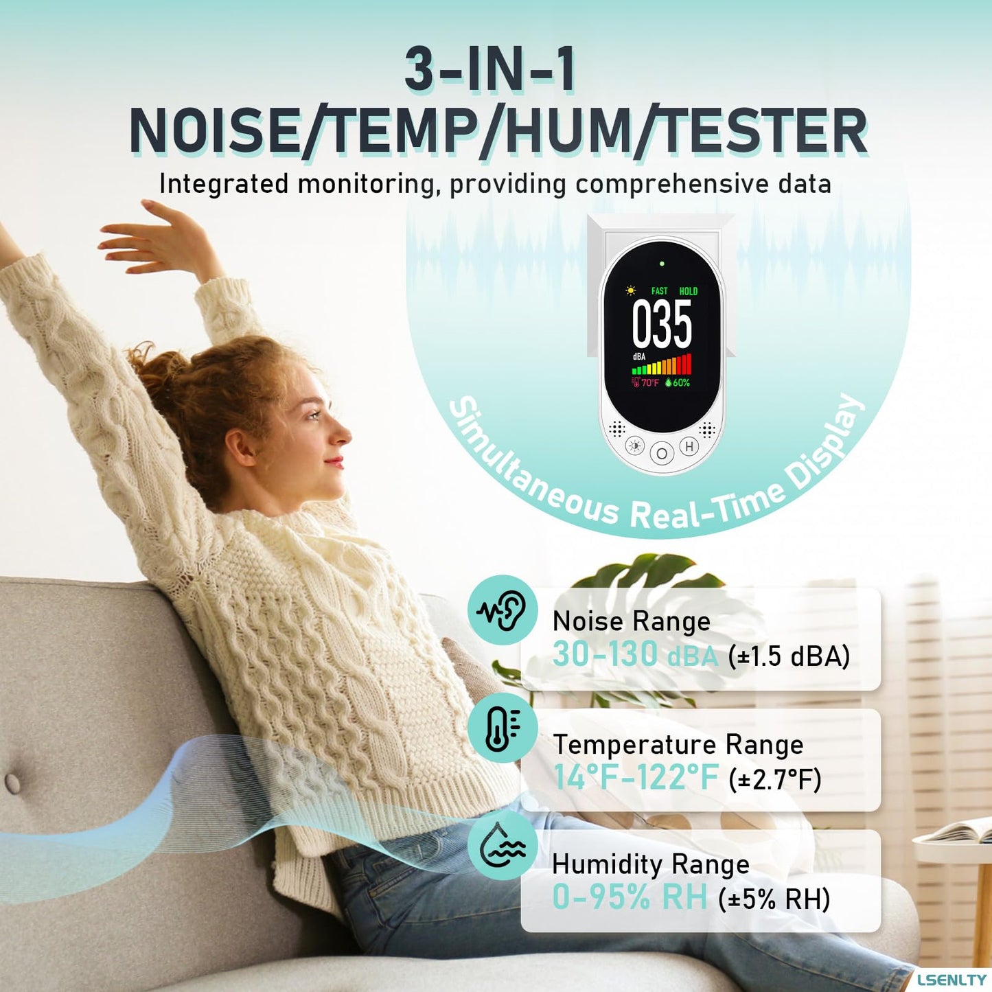 LSENLTY Decibel Meter Plug-in Wall, 30-130dBA Sound Level Meter, Data Hold&Max/Min&Fast/Slow Response 3-in-1 Noise Detector(TEM&Humidity), A-Weighted Noise Measuring Device for Classroom Home 2 Pack