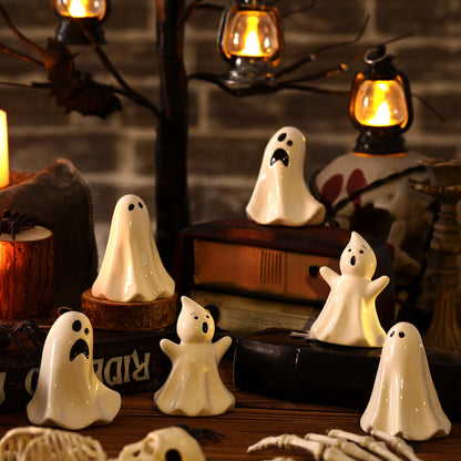Domensi 6 Pcs Ghost Decor Ceramic White Figurines Ghost Statue Spooky Halloween Decor Scary Statue Decoration Cute Sculpture for Gift Props Home Tabletop Decorations(Classic)