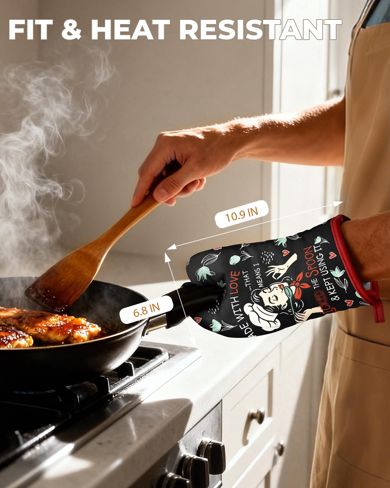 Slohif Funny Oven Mitt Heat Resistant for Women - 1 Pack Black Cute Novelty Cool Kitchen Oven Mittens with 100% Cotton for Baking and Cooking Accessories (Made with Love)
