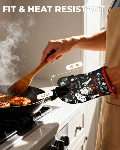 Slohif Funny Oven Mitt Heat Resistant for Women - 1 Pack Black Cute Novelty Cool Kitchen Oven Mittens with 100% Cotton for Baking and Cooking Accessories (Made with Love)
