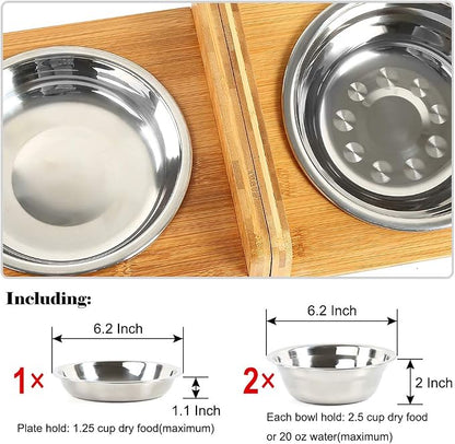 FOREYY Set of 2 Raised Pet Bowls for Cats and Small Dogs - Bamboo Tilted Single Elevated Dog Cat Food and Water Bowls Stand Feeder with 3 Stainless Steel Bowls and Anti Slip Feet for Comfort Feeding