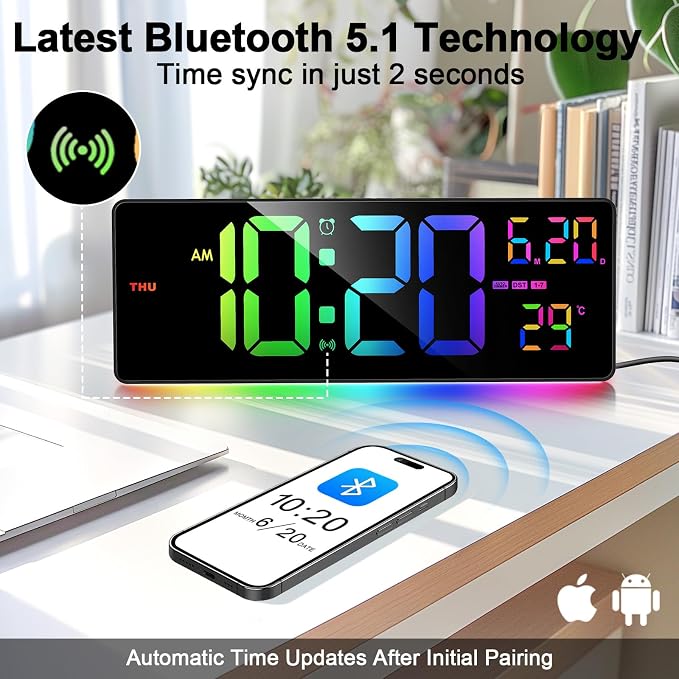 16" Bluetooth Large Digital Wall Clock/Auto Time Sync, 10 RGB Colors Digital Clock Large Display with Remote, Auto-Dimming/DST, Calendar, Timer, Alarm, 6 Night Lights Big Clock for Decor