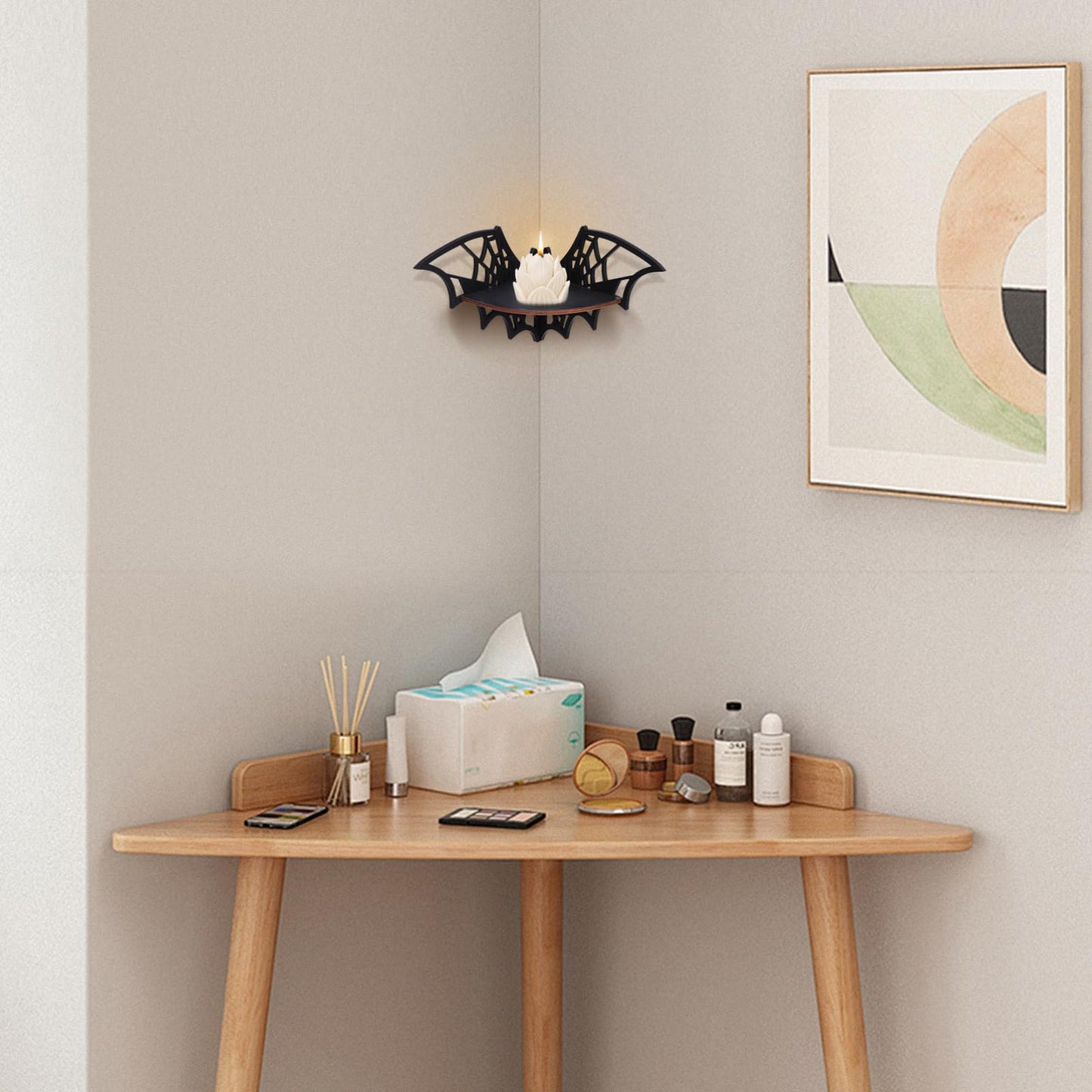 Zerodeko 2 PCS Crystal Shelf Display: Bat Shaped Corner Shelves Wooden Wall Corner Shelf Wall Floating Shelf Gothic Spooky Art Decoration for Home Bedroom Kitchen