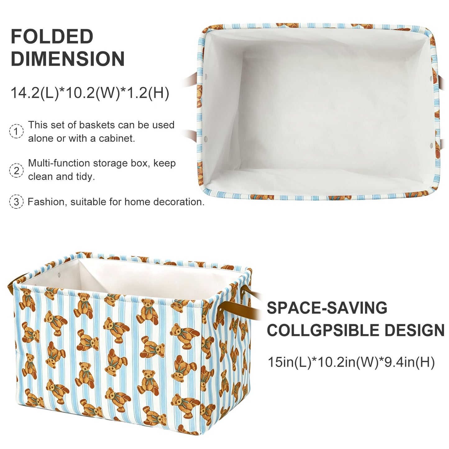 JarThenaAMCS 2 Pcs Cute Bear Storage Basket with Handles Blue Striped Bear Cube Storage Bin Foldable Fabric Container Organizer Box for Home Office Dorm Closet Shelf Toy