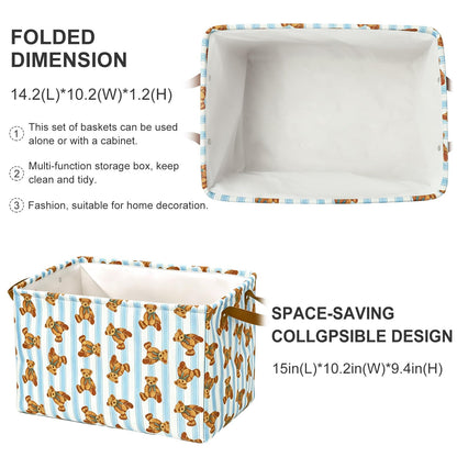 JarThenaAMCS 2 Pcs Cute Bear Storage Basket with Handles Blue Striped Bear Cube Storage Bin Foldable Fabric Container Organizer Box for Home Office Dorm Closet Shelf Toy