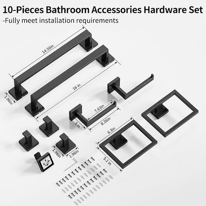 Gypie Bathroom Accessories Set 10-Piece Stainless Steel Modern Wall Mount Towel Racks for Bathroom 16In, Matte Black
