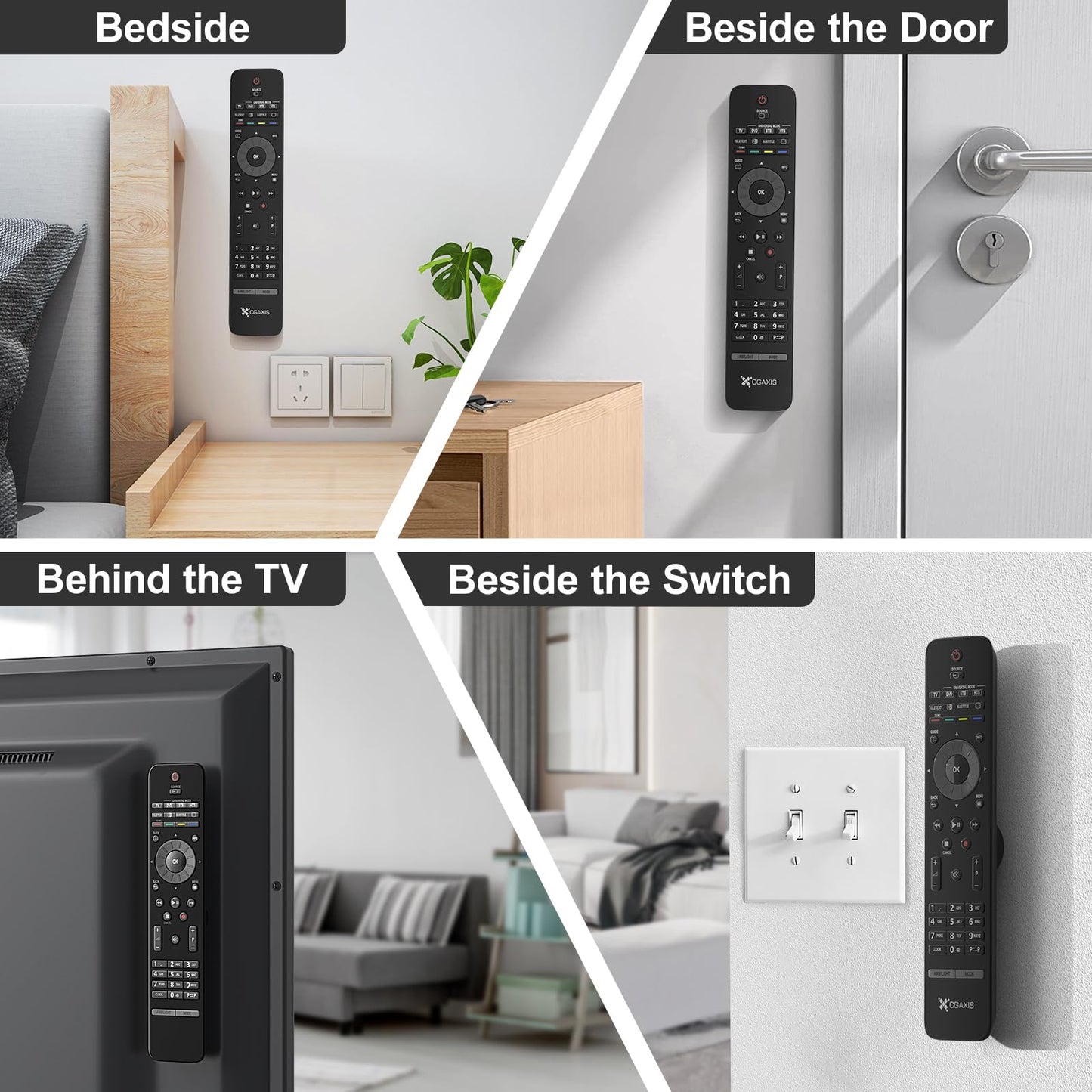 YYILIS Magnetic Remote Control Holder Wall Mount, 4 Pack Upgraded Organizers Storage Self-Adhesive TV Remote Holder for Back of TV (Black)