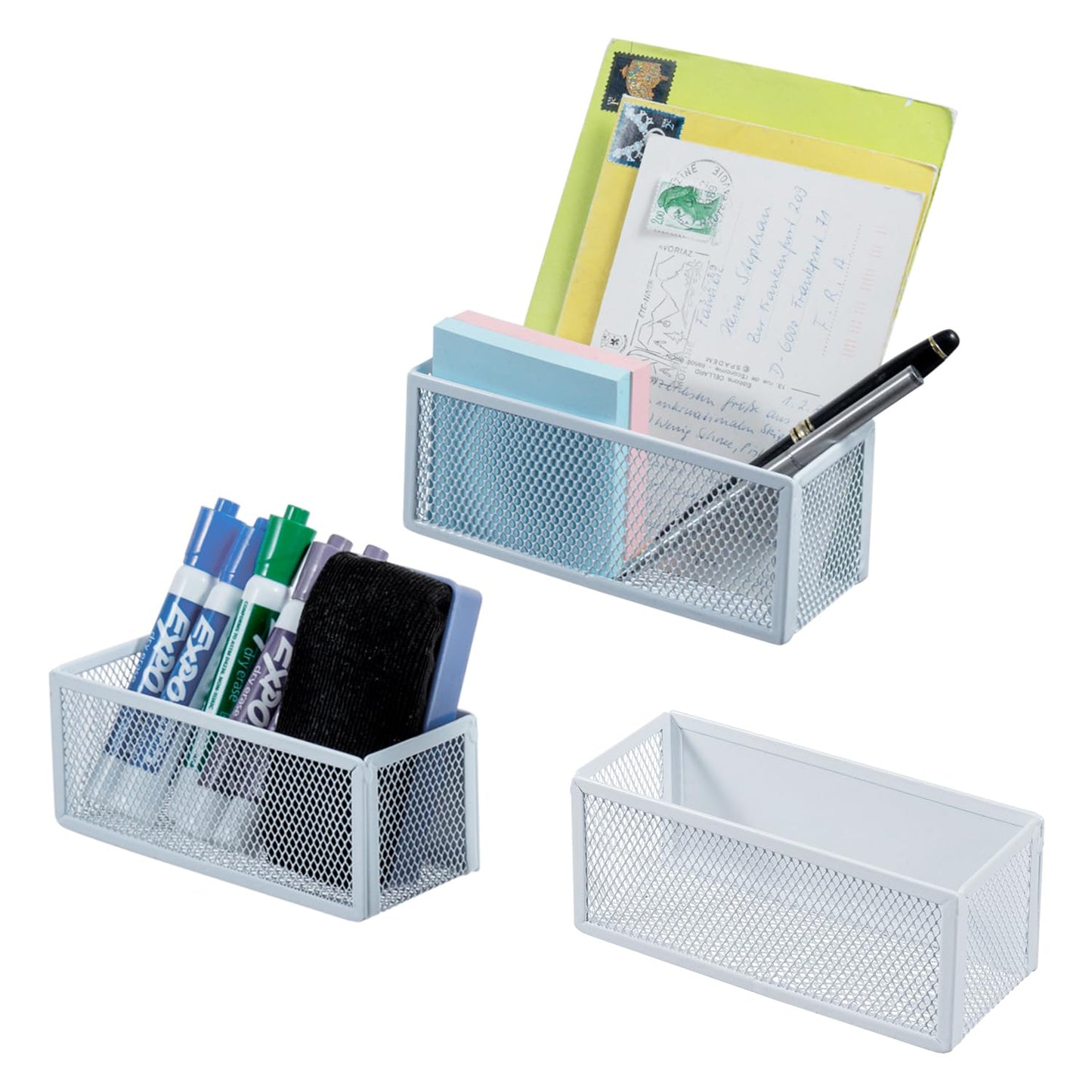 MyGift White Wire Mesh Magnetic Storage Baskets, Whiteboard Accessories, Classroom and Office Supply Organizer, Set of 3