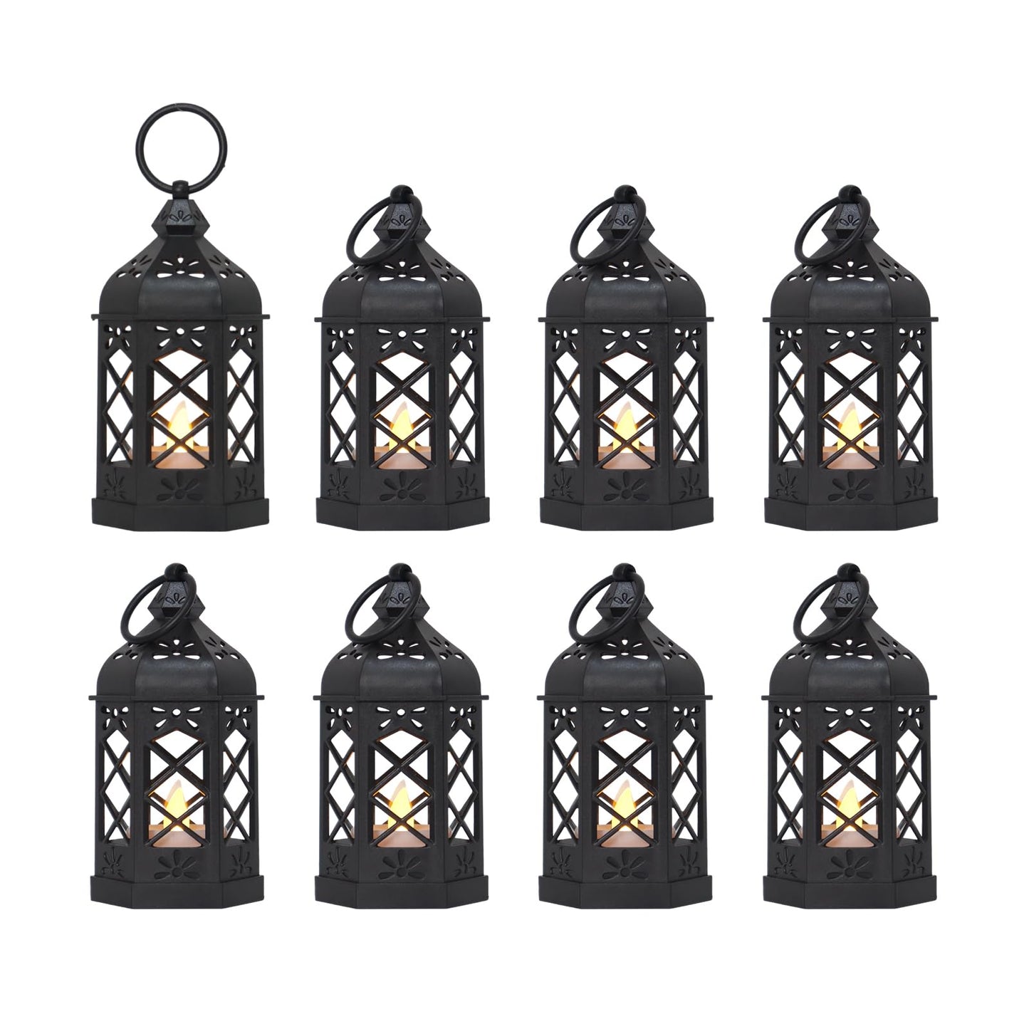 LLQ (8Pack-5Inch) Mini Lantern with Flickering LED Candle for Table Centerpiece, Black Halloween Decorations, Small Hanging Decorative Lantern for Wedding Christmas, Fall Garden Party Decor for Home