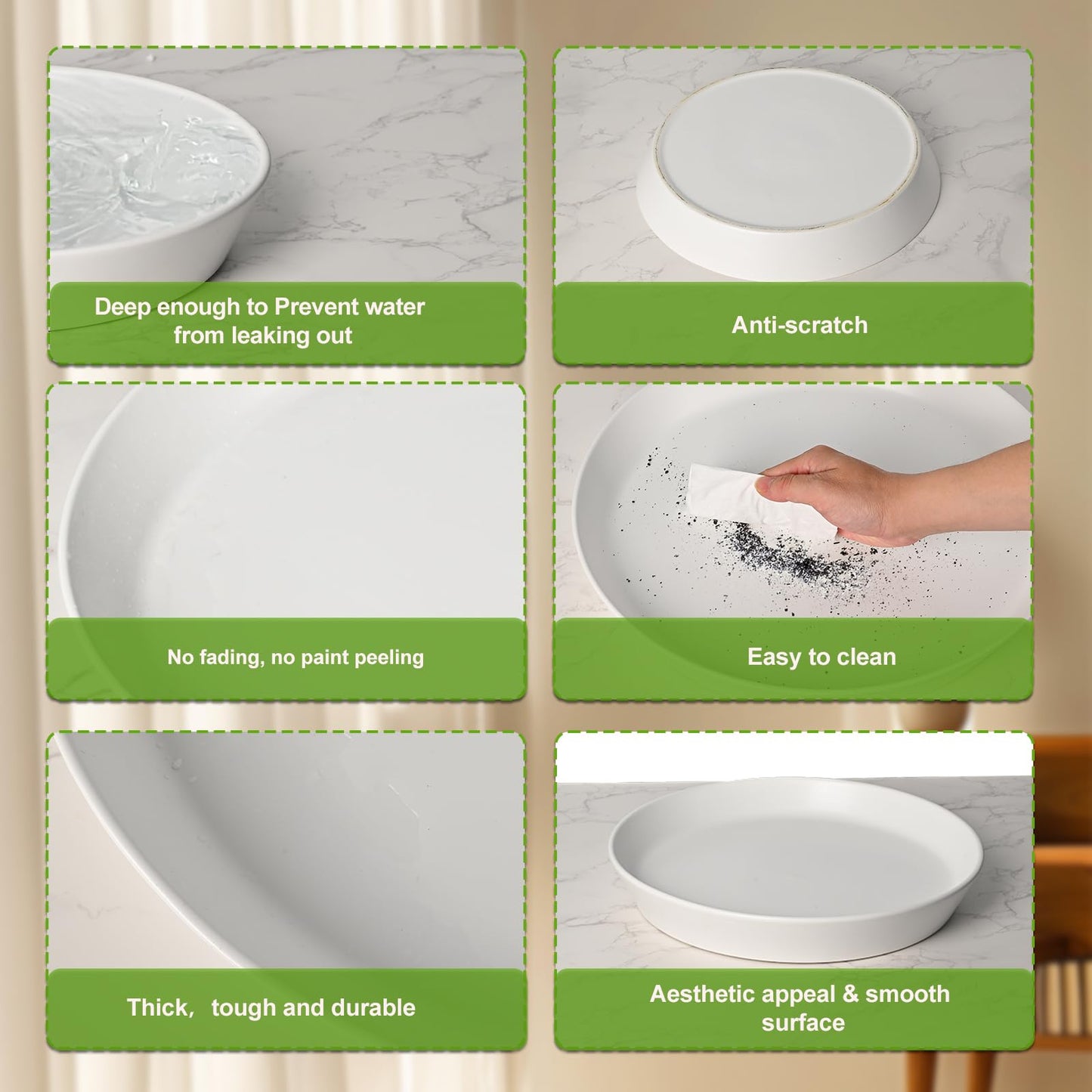 2 Pack Plant Saucer Pot Trays, 4 6 8 10 12 14 15 Inch Plant Saucers Water Catcher Tray for Indoor & Outdoor Planters,Durable Ceramic Plant Tray for Flower Pot （6 inch White）
