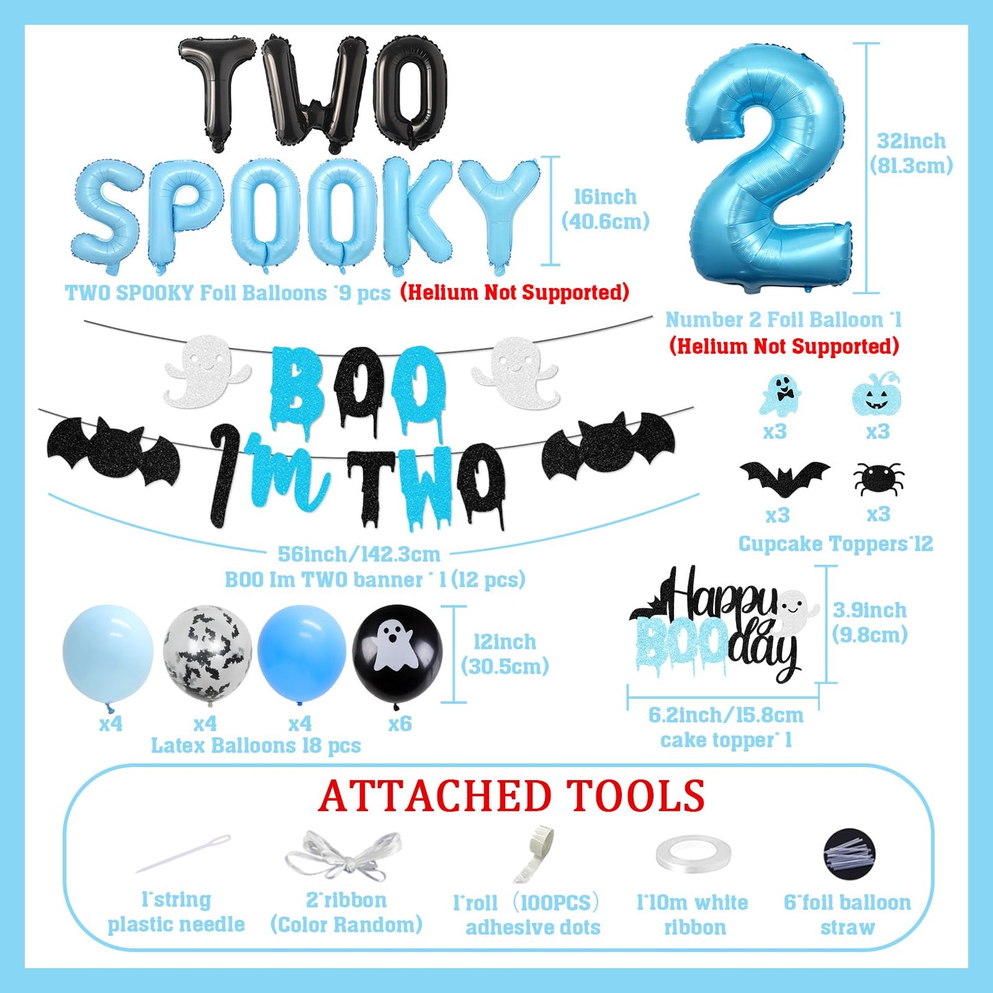 Halloween 2nd Birthday Party Decorations for Boys Blue Two Spooky Birthday Decor Boo I'm Two Banner Happy Boo Day Cake and Cupcake Toppers Ghost Bat Latex Balloon for Boys 2nd Bday Decor Supplies