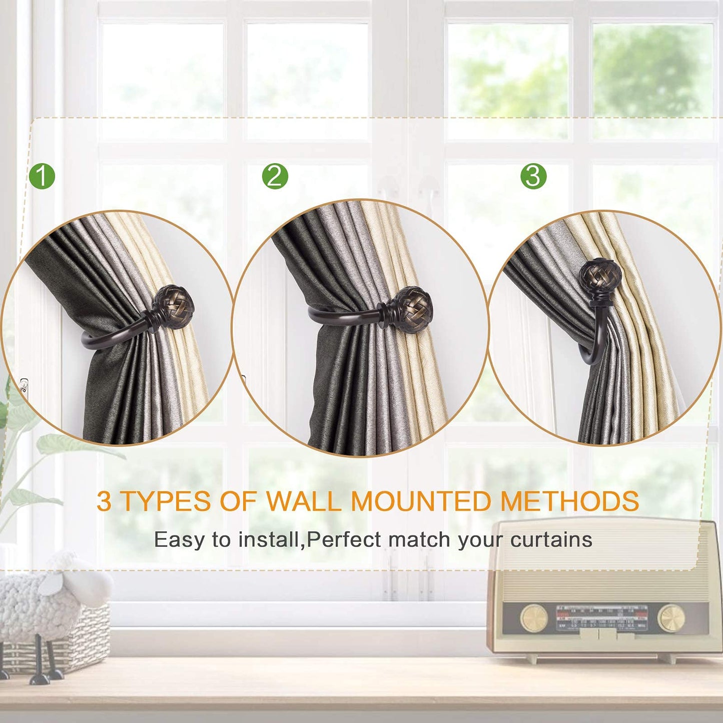 SZXIMU Curtain Holdbacks Set of 2, Window Treatment Holdbacks Wall Mounted Drapery Hooks with Netted Texture Finials, Bronze