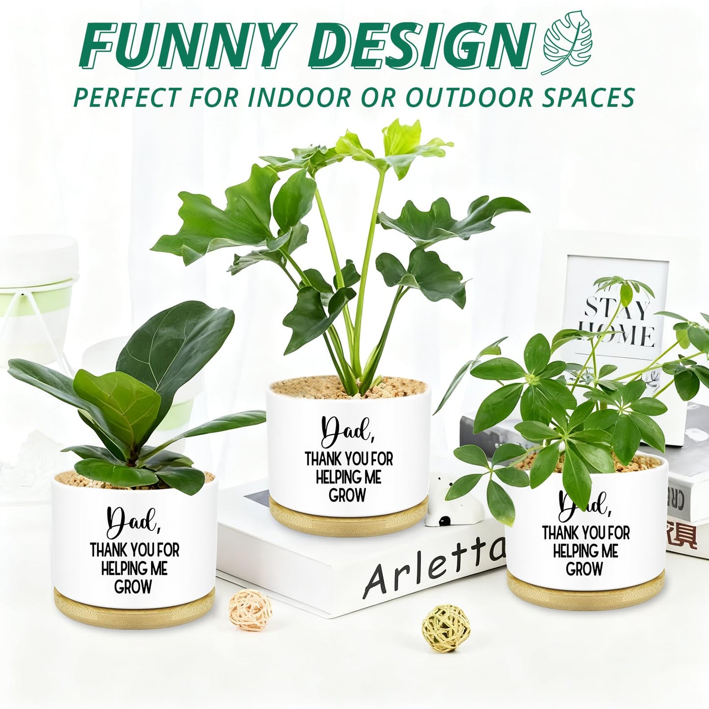 Myakako Thank You Dad Ceramic Planter with Wood Tray – 3.5 Inch Funny Flower Pot for Succulents, Cactus & Indoor Plants, Unique with Drainage Hole (Plant Not Included)
