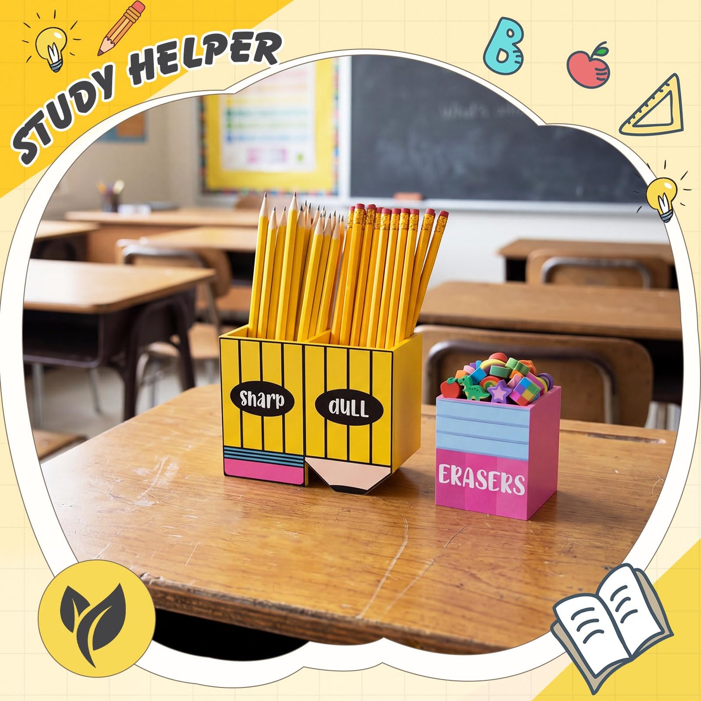 Eaasty Pencil Shaped and Sharp Dull Holder Eraser Wooden Dispenser Pencil Storage 3 Compartments for Back to School Teachers Classroom Organization(2 Pack,Simple)