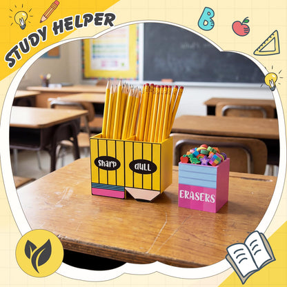 Eaasty Pencil Shaped and Sharp Dull Holder Eraser Wooden Dispenser Pencil Storage 3 Compartments for Back to School Teachers Classroom Organization(2 Pack,Simple)