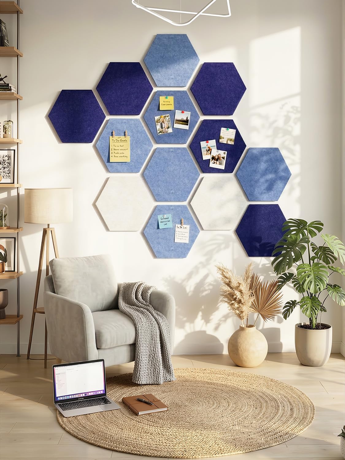 Uoisaiko 8 Pack Hexagon Felt Bulletin Board Tiles - 12" Large Thick Pin Board for Walls with 30 Push Pins, DIY Boards for Office Home School Decor, Aesthetic Hex Cork Board Alternative
