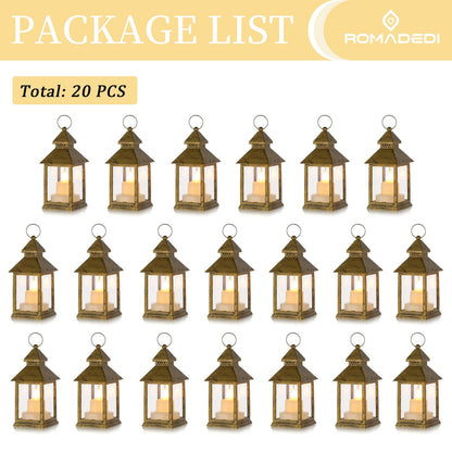 Romadedi Mini Lanterns Decorative for Wedding Centerpiece - 20 PCS Hanging Small Gold Lantern Bulk with Flickering LED Candles for Halloween Decorations Christmas Table Decor, Batteries Included