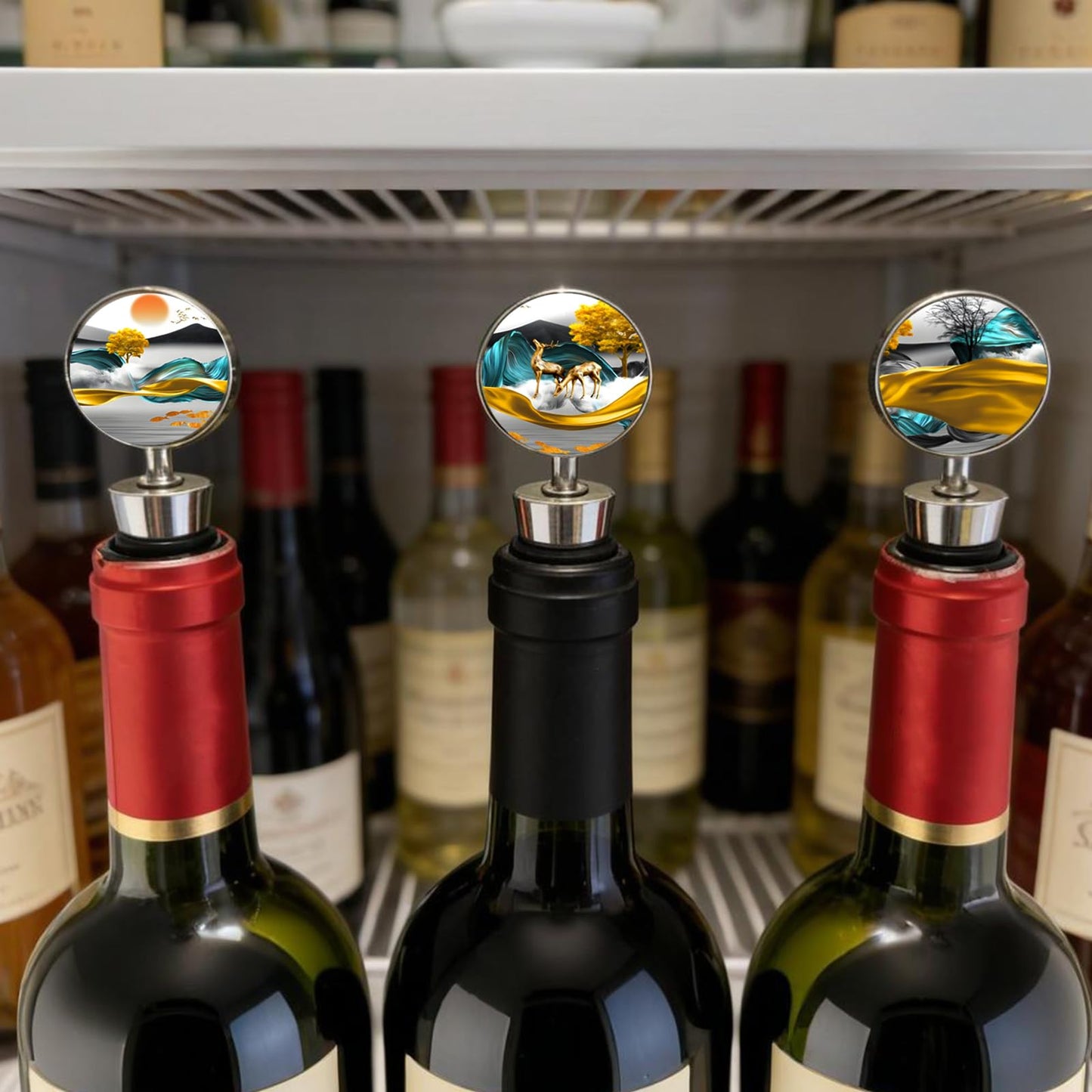 Lockban Wine Bottle Stoppers, Set of 3 Stainless Steel Wine Stoppers with Decorative Art, Wine and Beverage Bottle Corks for Gifts, Bar, Wedding, Holiday Party (Light Luxury Deer)
