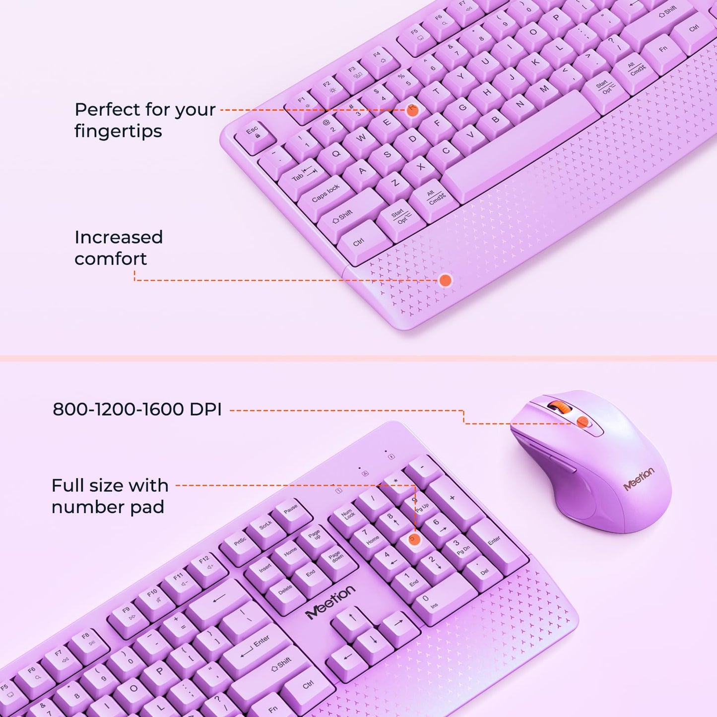 MEETION Wireless Keyboard and Mouse, Full-Sized Cordless Keyboard with Wrist Rest and 3 DPI Adjustable Mouse, 2.4G Wireless, Purple, for PC/Computer/Laptop/Windows/Mac