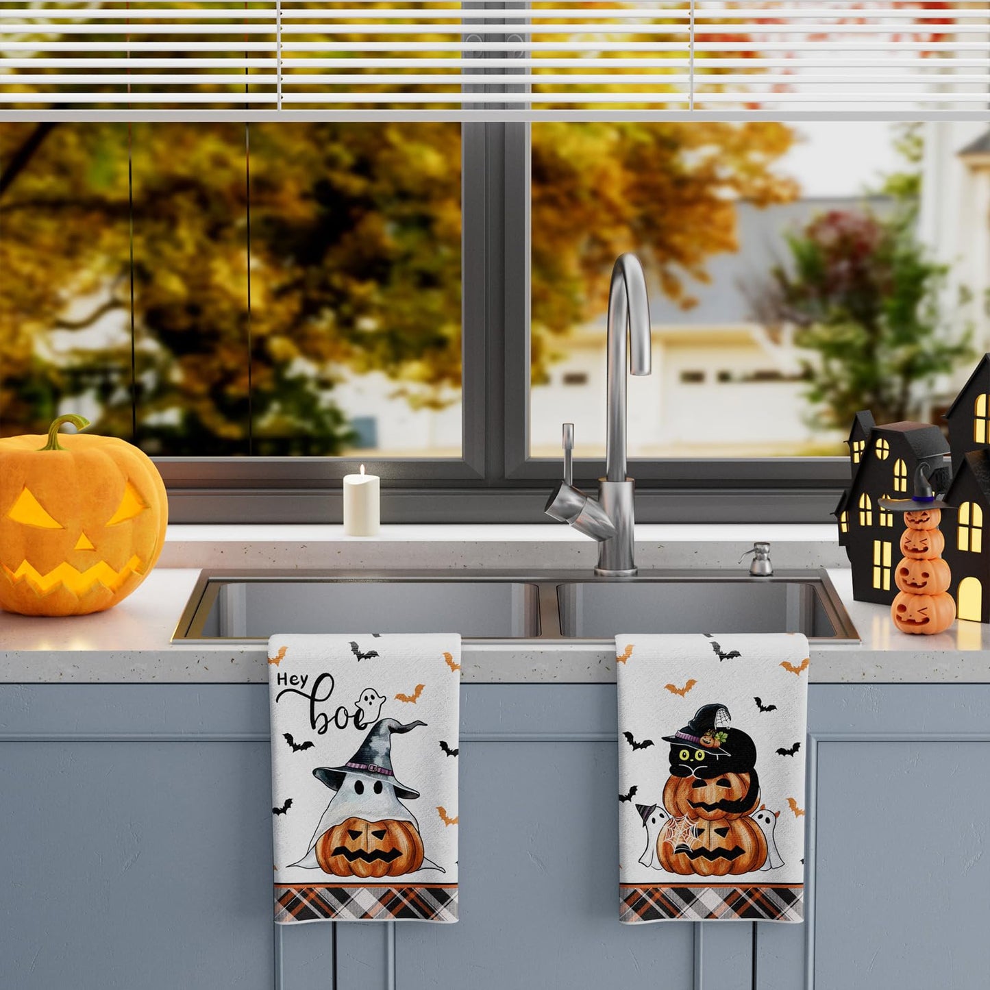 XCHI Halloween Boo Spooky Ghost Cat Kitchen Towels Dish Towels 18x26 Inch Home Kitchen Decorations Hand Towels Set of 2 Drying Dishcloth