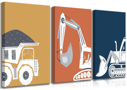 3 Pcs Construction Truck Nursery Canvas Wall Art Excavator Dump Truck Tractor Painting Picture Wall Decor Poster Print Artwork Kids Room Boys Room Baby Room Home Decoration