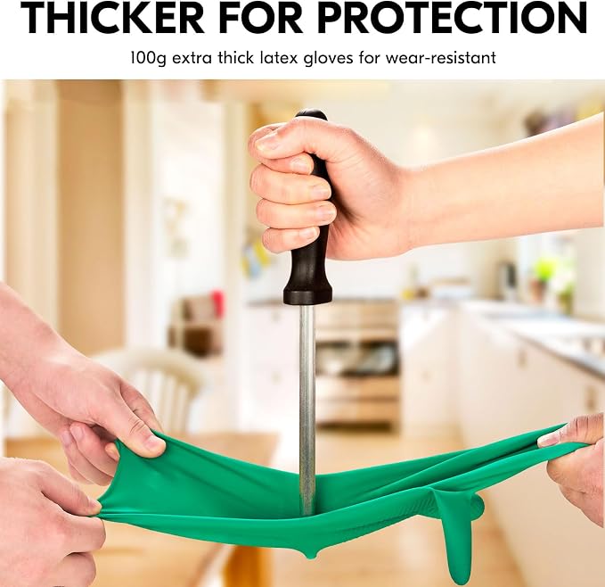 Vgo... 1-Pair Reusable Household Gloves, Rubber Dishwashing gloves, Extra Thickness, Long Sleeves, Kitchen Cleaning, Working, Painting, Gardening, Pet Care (Size M, Green, HH4601)